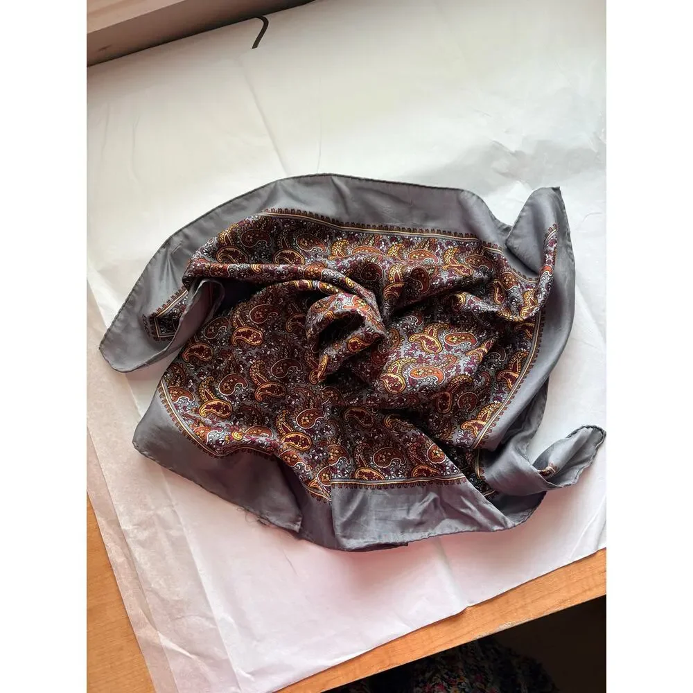 ECHO Silk Blend Paisley Square Scarf Gray Brown Old Money Vintage Inspired